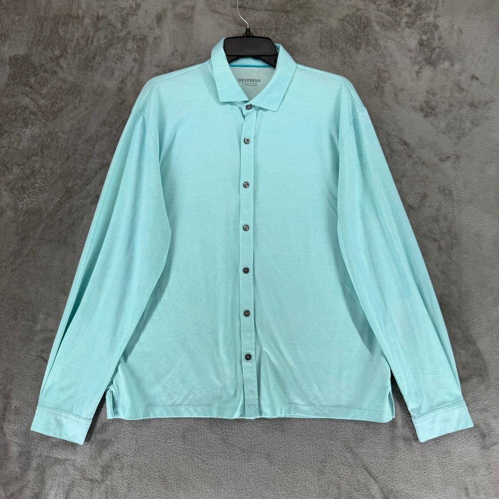 Devereux Polo Shirt Mens L Proper Threads Aqua Blue Button-Down Long Sleeve EUC